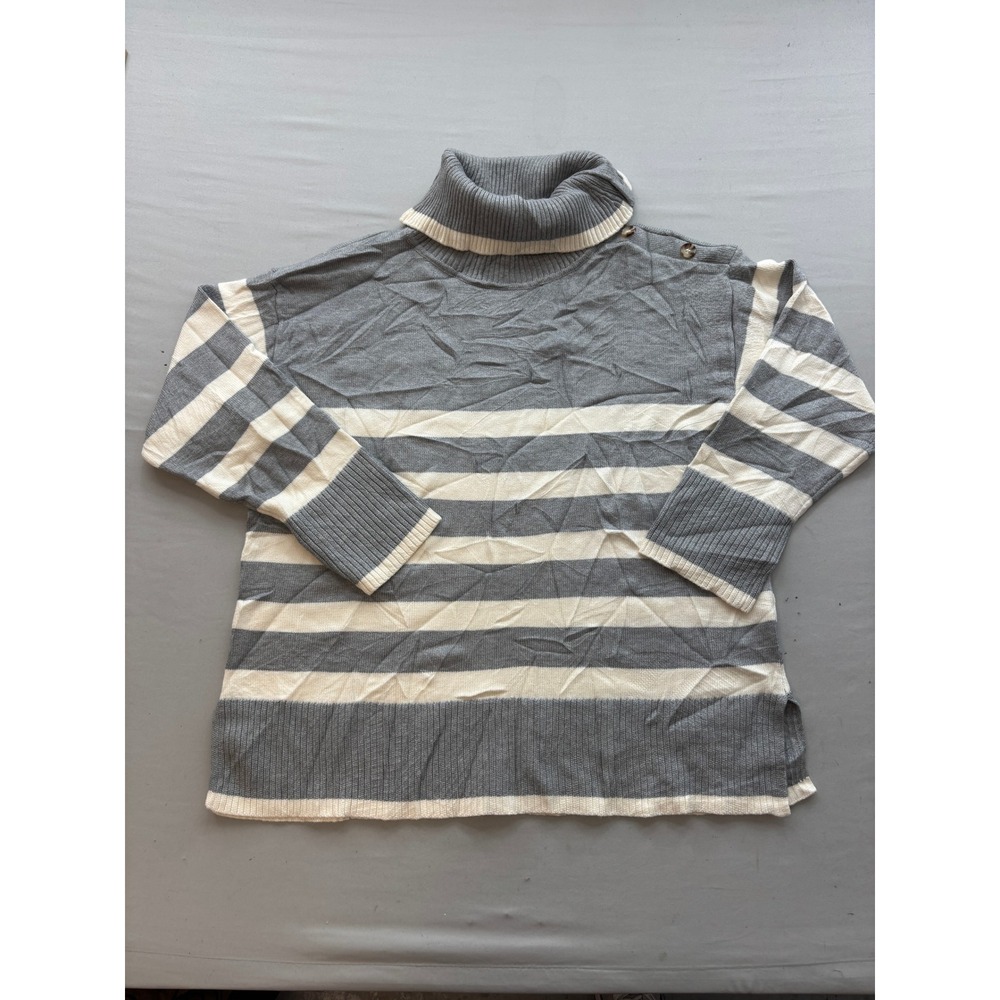 Kim Rogers Womens 2X Grey White Striped Turtleneck Sweater Button Shoulder Rib